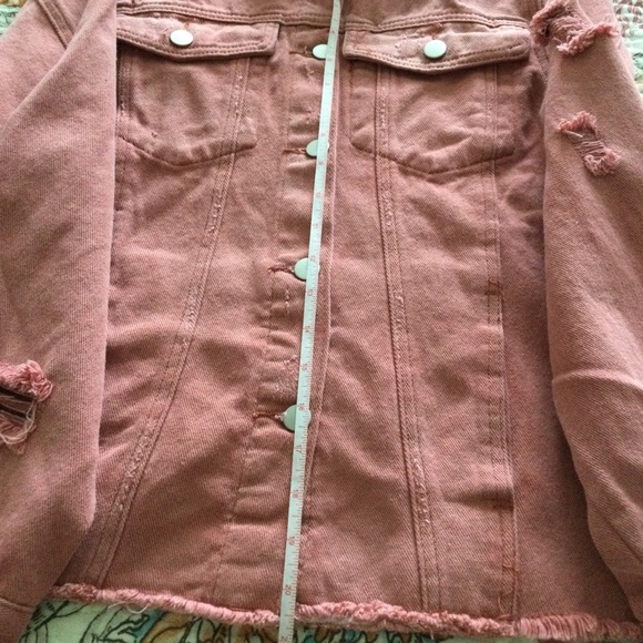 Denim Jacket NEW Large Raw Hemline Coral Salmon in Color - Picture 7 of 16